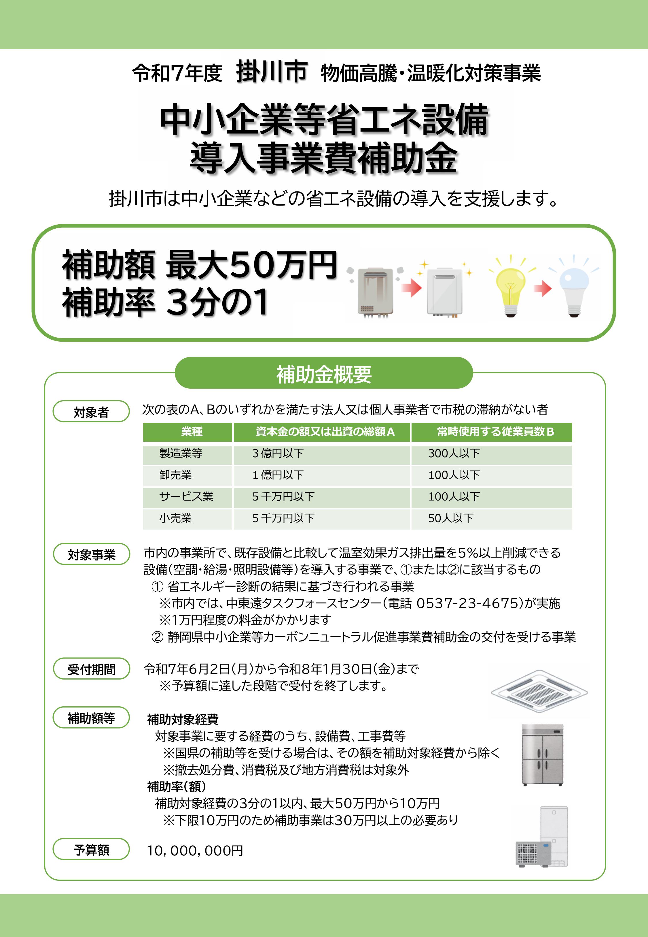 【静岡県】令和7年度 掛川市中小企業等省エネ設備導入事業費補助金のご案内（第2報）